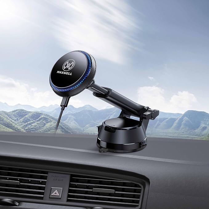 Maxwell Car Holder and Wireless Charger Compatible with MagSafe with Cooling Fan Universal Car Mount for iPhone and Android Super Magnetic Grip 360? Rotation Fast Wireless Charging Car Phone HolderThis car phone holder is compatible with MagSafe, providin