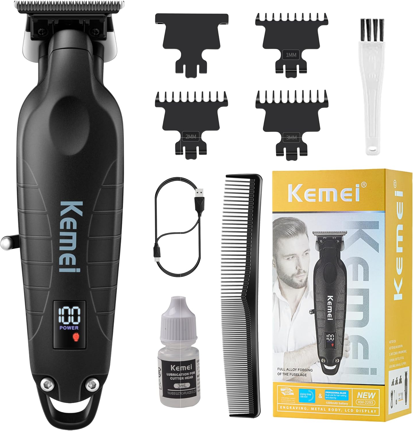 KEMEI 2293 Professional Hair/Beard Trimmer for MenMens GroomingPROFESSIONAL HAIR CLIPPERS FOR MEN: KEMEI 2293 includes a electric hair trimmer for men, 3 different length trimming guards (1/2/3mm), a USB charging cable, a bottle of lubricant oil, and a cl
