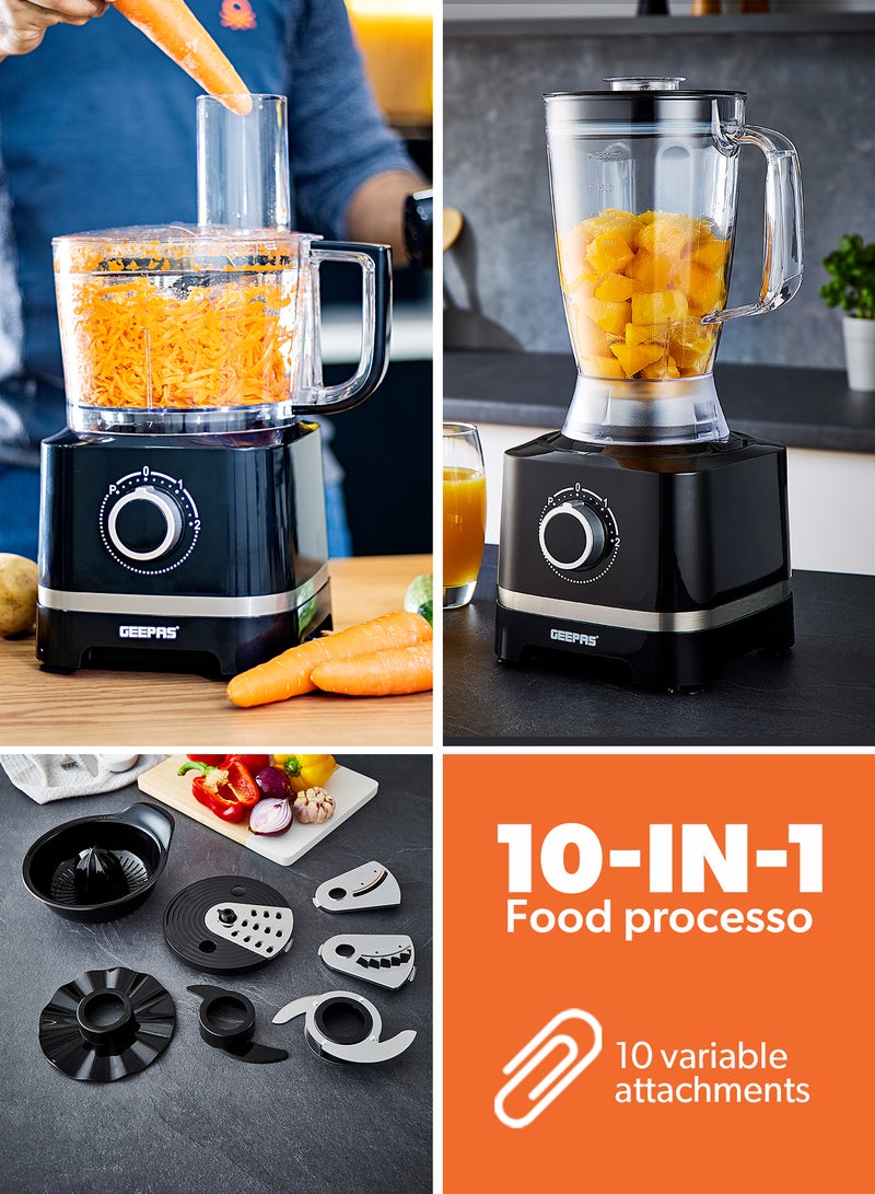 GEEPAS 10-in-1 Food Processor – 800W Multi-Function Kitchen Machine with Stainless Steel Blades and Detachable Attachments (GSB5487, Black)