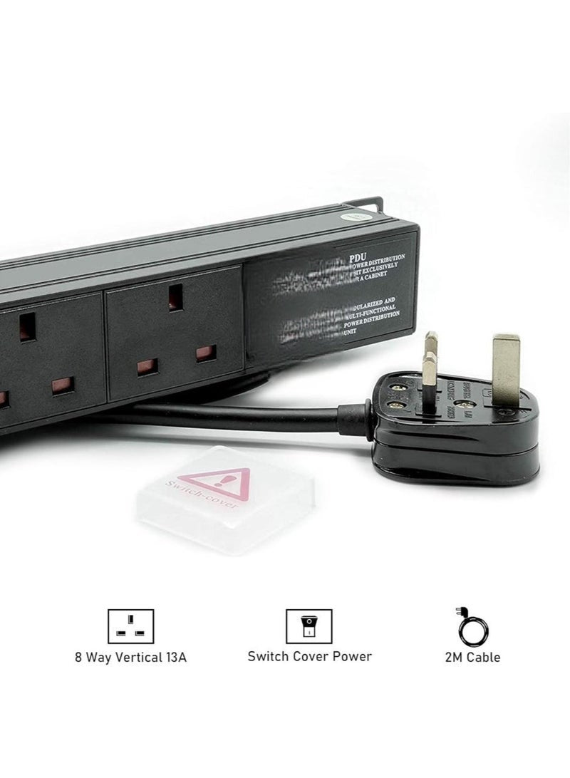 PDU 8 WAY 1U rack-mounted 8-unit 13A UK Plug PDU Power Strip Network Cabinet Rack Socket 2M Extension Cable Standard Outlet Switch Supply Power Distribution Aluminum - Black Color