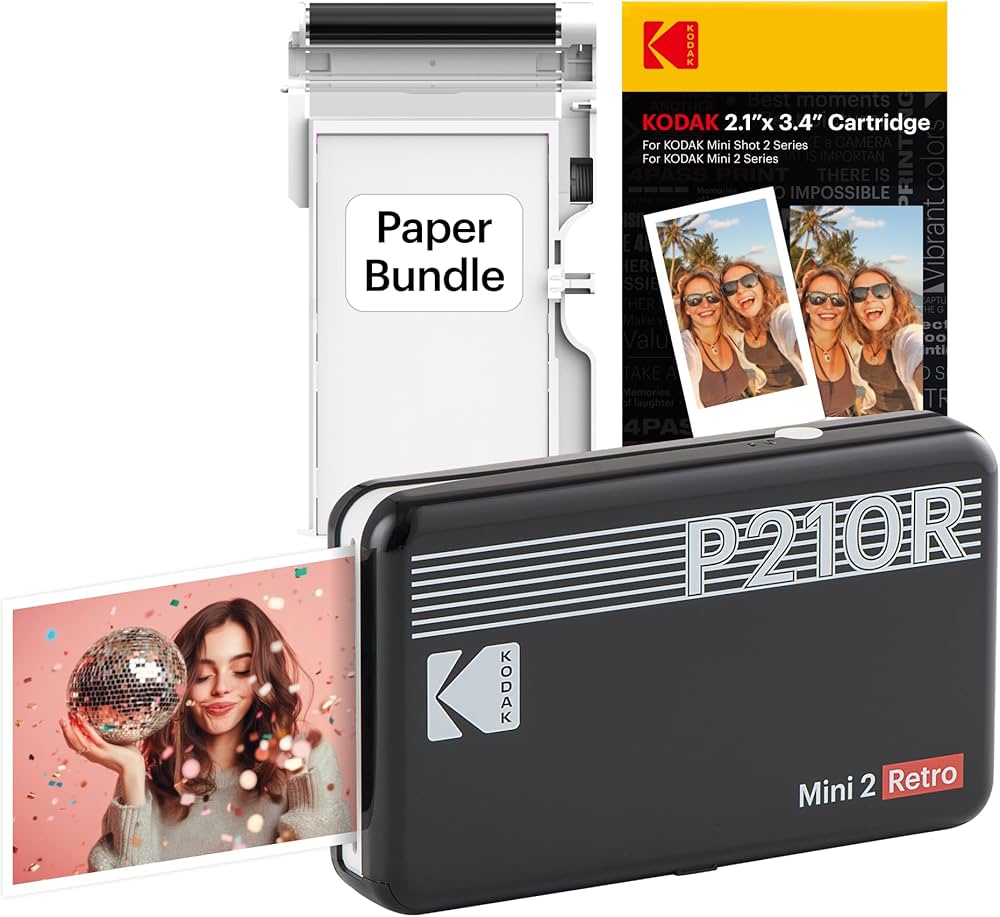KODAK P210 Mini 2 Retro Mobile Photo Printer – Bluetooth Smartphone Printer, 4Pass Technology, 54×86mm Photos, 68 Sheets & 6 Cartridges