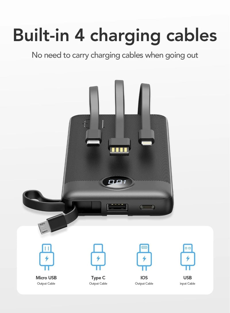 Built-in USB-C, Lightning, and Micro USB cables on VEGER power bank