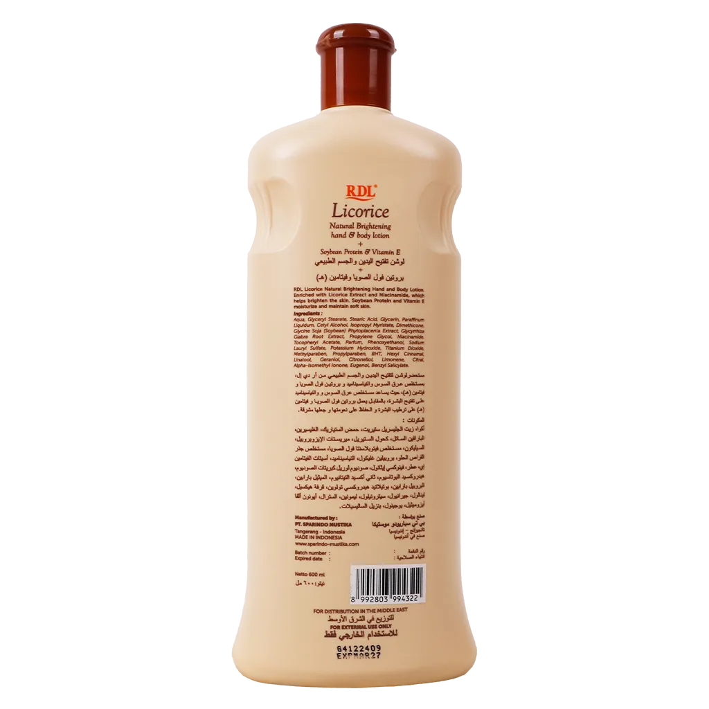 RDL Licorice Hand & Body Lotion 600mlPersonal CareSkin Brightening Formula: Enriched with licorice extract to help fade dark spots, even skin tone, and enhance natural radiance. Deep Hydration: Provides long-lasting moisture to relieve dry, rough skin wit