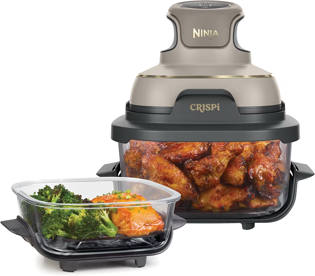 Ninja CRISPi 3.8L portable air fryer in stone gold with glass containers