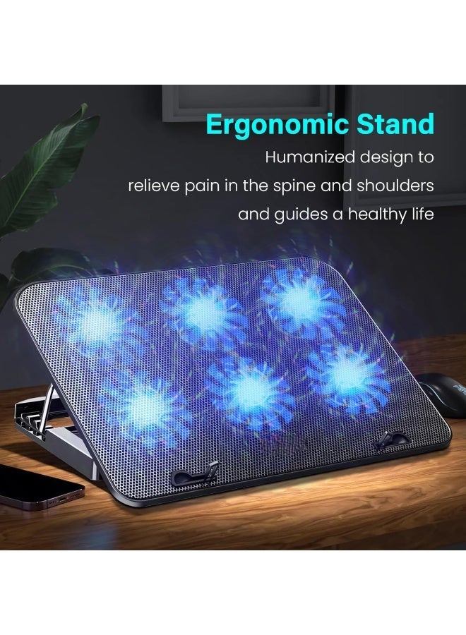 Laptop Cooling Pad, Laptop Cooler Stand With Dual USB & 5 Adjustable Heights, Laptop Fan Stand 6 Quiet Fans for 13-17 Inch Laptops