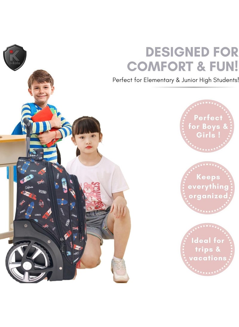 Two children with a suitcase featuring car designs, with text highlighting its features.