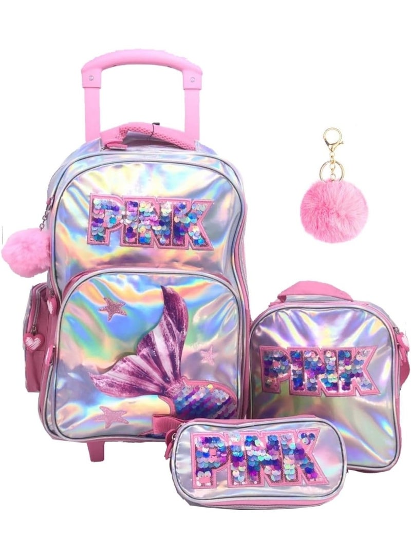 Pink holographic backpack set with 'PINK' text on a white background