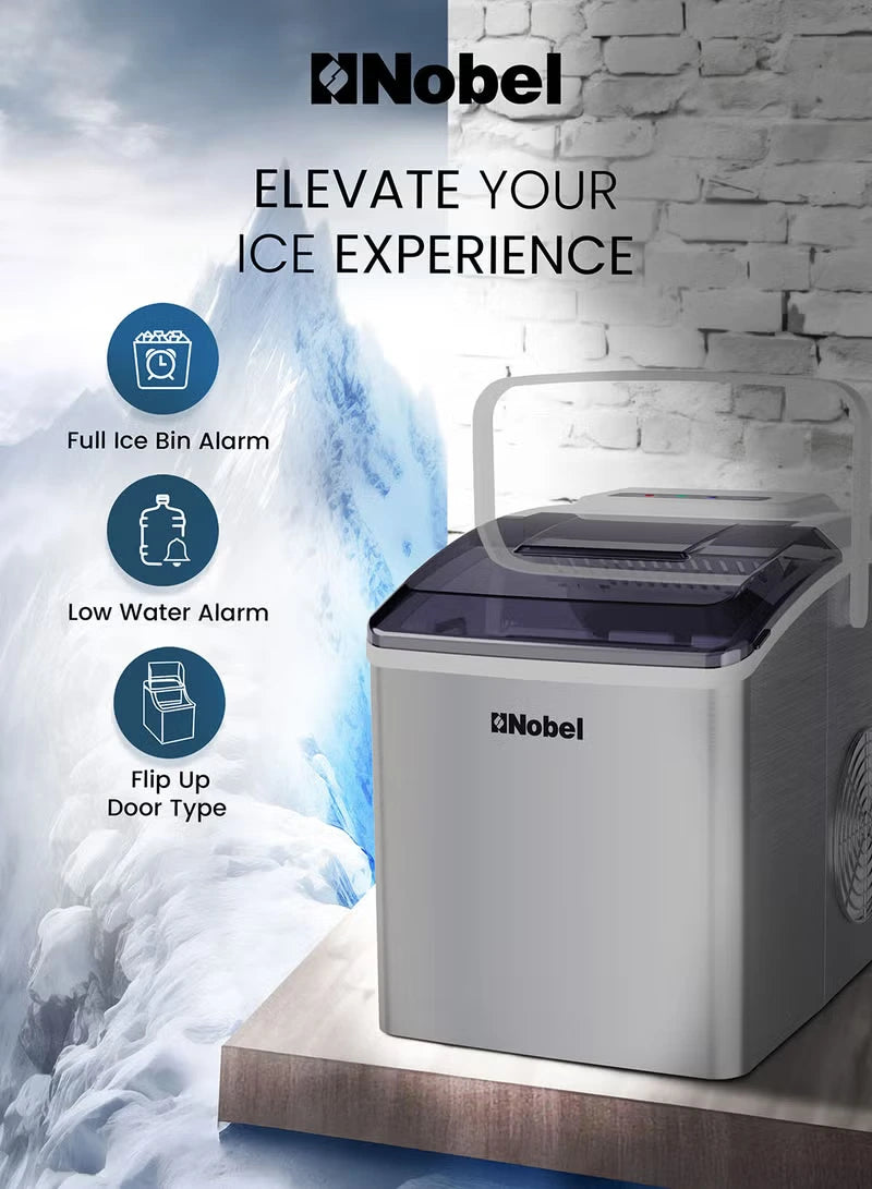 Nobel Bullet Shaped Ice Cube Maker 10-12kgs/24 Hrs Ice Making Capacity with 9pcs Ice in 8 Minutes Per Cycle|1.3 L Water Container Capacity with LED Indicator 1.3 L 150 W NIM13S - SilverKitchen Appliances❄️ 12kg Ice Production in 24 Hours: Consistently del