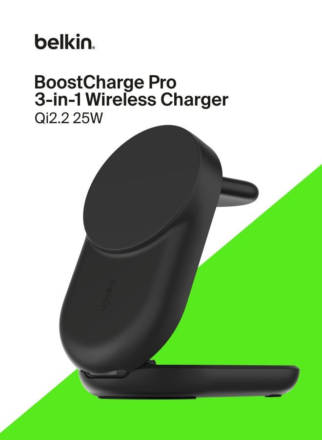 Belkin UltraCharge Pro 3-in-1 Foldable MagSafe Wireless Charging Dock Qi2 25W – Black