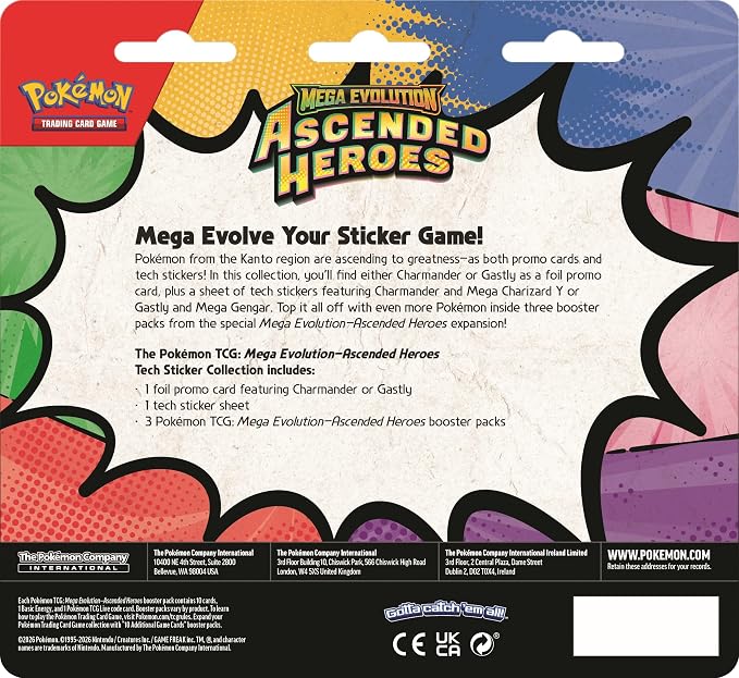 Pokémon TCG: Mega Evolution—Ascended Heroes Tech Sticker Collection – Charmander or Gastly Foil Promo + Tech Stickers + 3 Packs