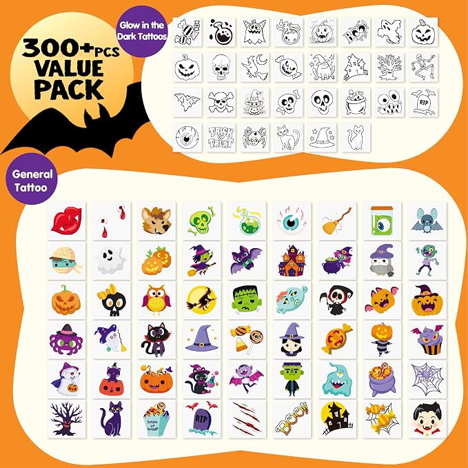 JOYIN 300+ Halloween Temporary Tattoos for Kids – Assorted Designs with Glow-in-the-Dark Tattoos