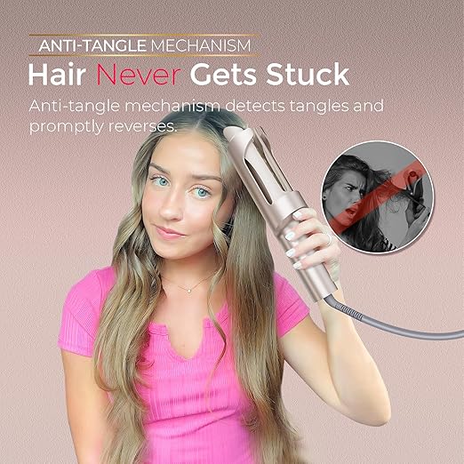 TYMO CurlPro Plus Automatic Rotating Curling Iron – 32mm Long Barrel, Ceramic, Anti-Scald, Dual Voltage, Gold