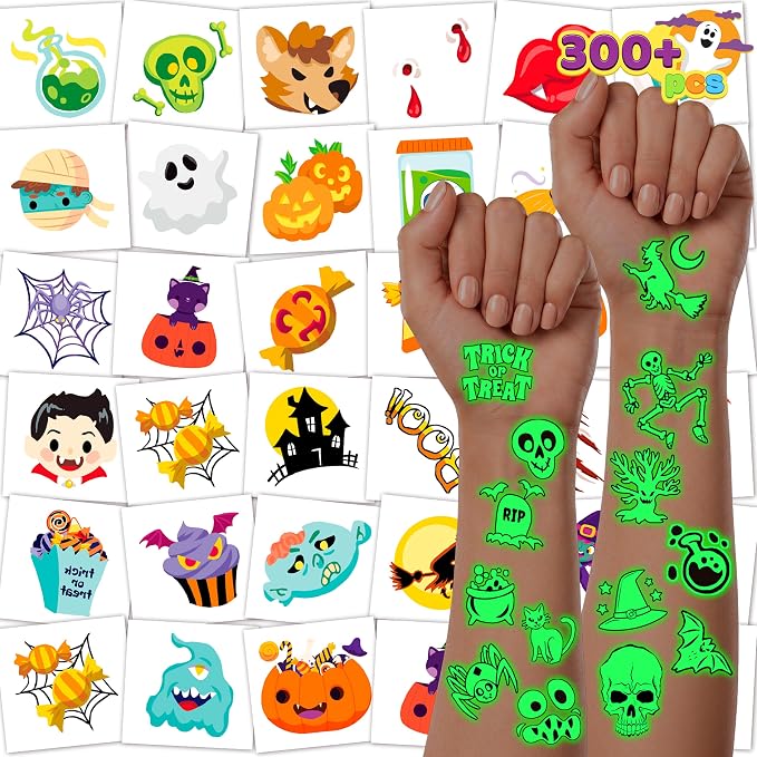 JOYIN 300+ Halloween Temporary Tattoos for Kids – Assorted Designs with Glow-in-the-Dark Tattoos