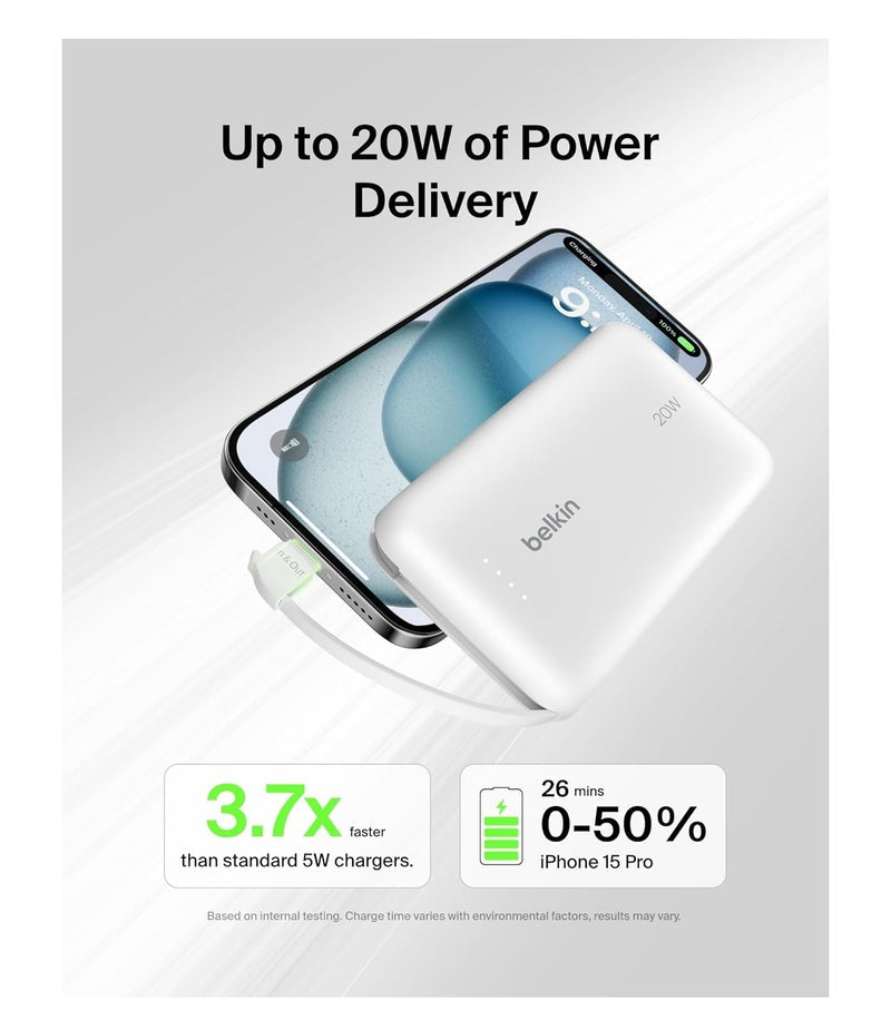 Belkin BoostCharge 10,000mAh Power Bank with Integrated Cable – White