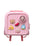 Pink backpack with various cartoon character charms on a white background
