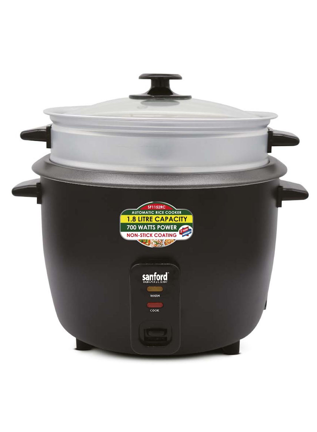 Sanford Rice Cooker 1.8 L 700 W SF1152RC-1.8L BSKitchen Storage1.8L Capacity Rice Cooker. Non-stick Coating Inner Pot. Auto Keep Warm Function. Transparent Glass Cover. Over-heat Protection. Easy to Clean, 700Watts. Accessories: Steamer. Measuring Cup & S