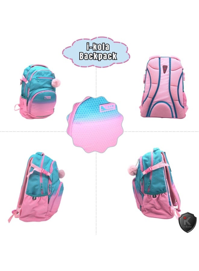 i-kola I-70014 18" School Backpack – Blue Pink, 3 Compartments, PVC Water-Resistant School Bag for Boys & Girls