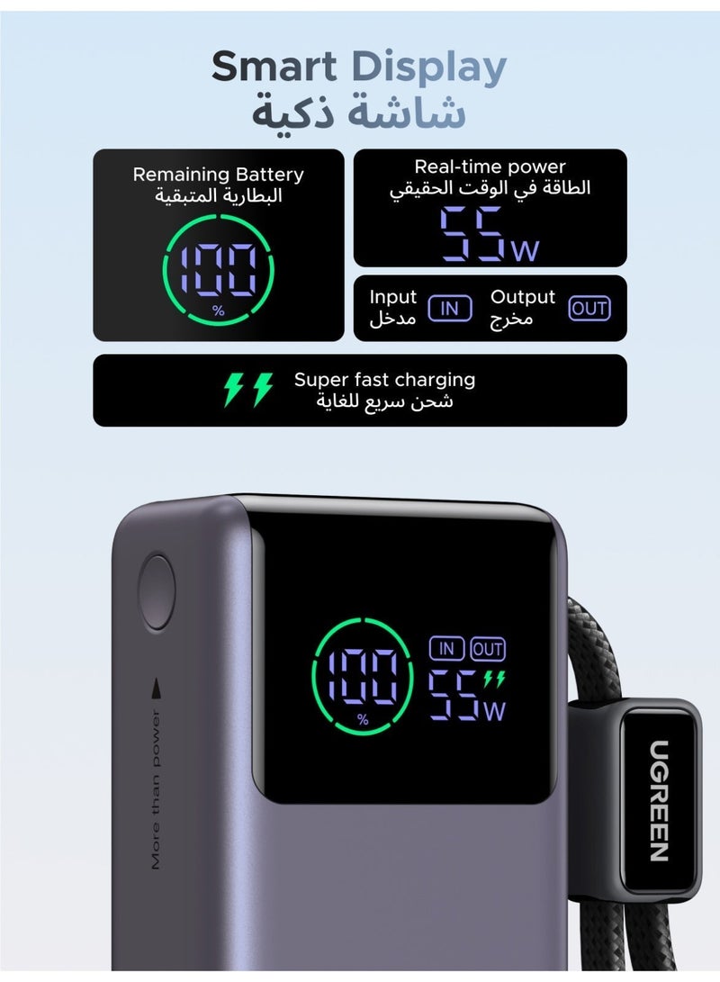 UGREEN 10000mAh 55W Pocket Power Bank with Built-in Cable – Black