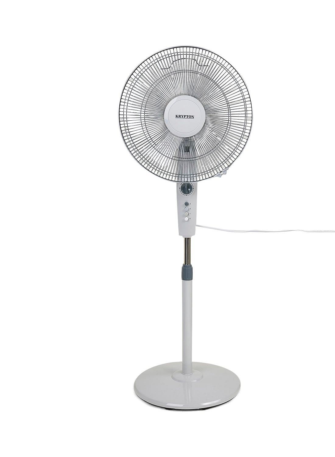 Krypton Portable Stand Fan 16kg KNF6112 - WhiteHome EnvironmentAERODYNAMIC DESIGNEncased within its protective mesh casing are 5 fantastically aerodynamic blades which capture more air in a single turn than standard 4-blade fans, enabling it to generate m