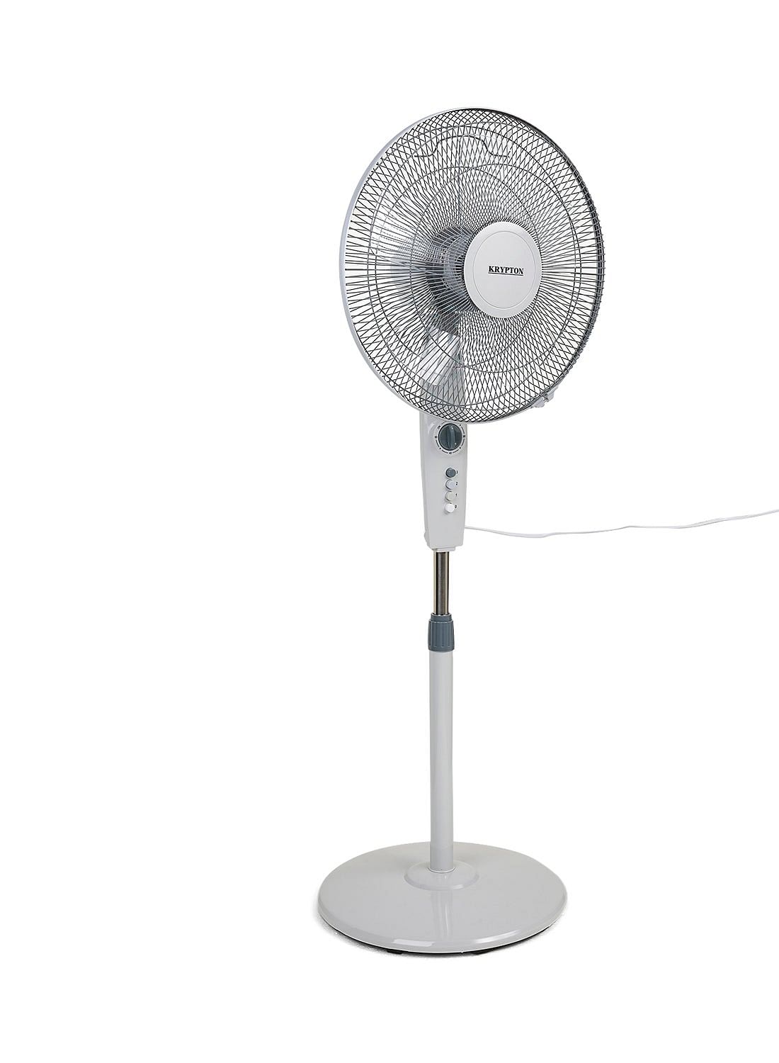 Krypton Portable Stand Fan 16kg KNF6112 - WhiteHome EnvironmentAERODYNAMIC DESIGNEncased within its protective mesh casing are 5 fantastically aerodynamic blades which capture more air in a single turn than standard 4-blade fans, enabling it to generate m