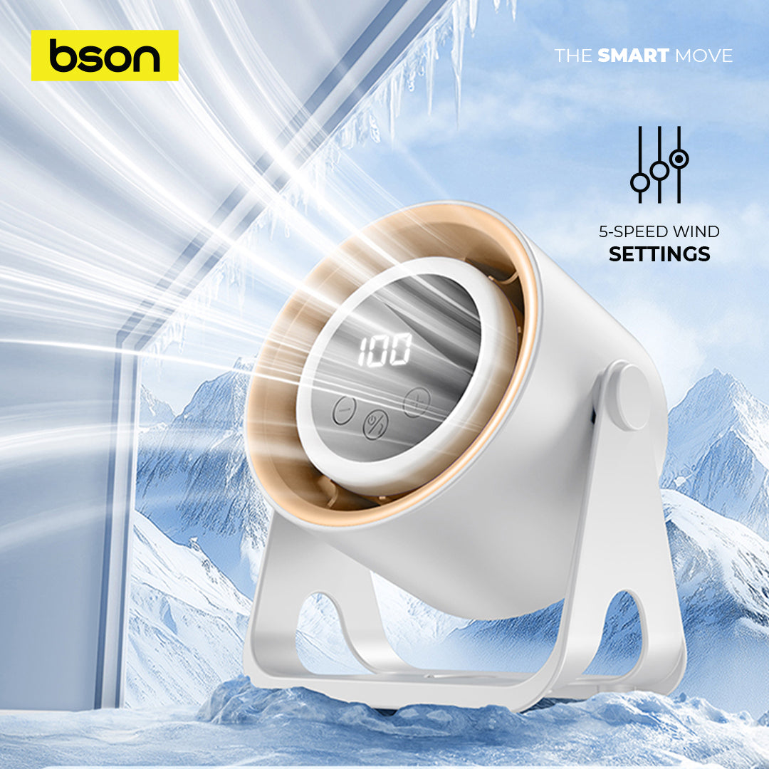 Bson Halo Breeze Desktop Fan, 2 in 1 Silent Operation with 5 Wind Speed Settings, LED Digital Display Screen, & 360° Rotation, Supports Wall Mounting & Hanging