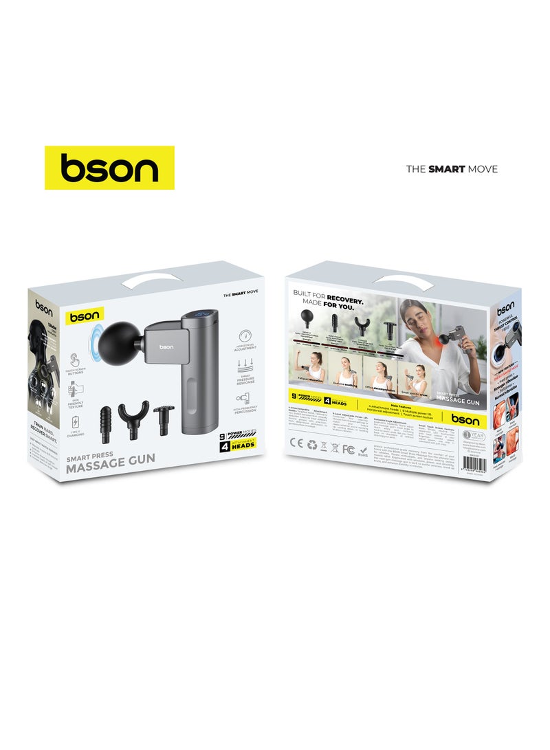BSON Smart Press Massage Gun – 9 Modes, 4 Heads, 12mm Percussion, Touchscreen & USB-C