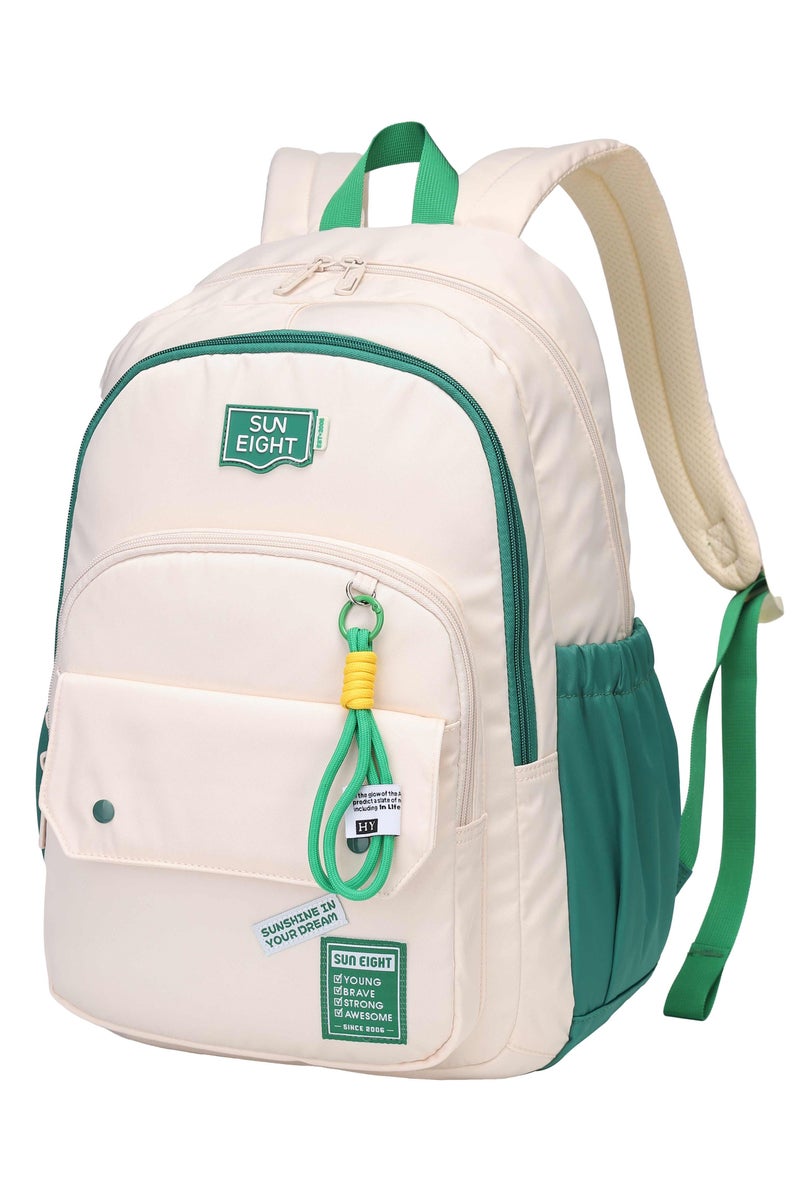 Sun Eight School Backpack SE8485 – 18.5-inch, Water-Resistant Polyester, Flap Front Pocket, Padded Back, Beige Green