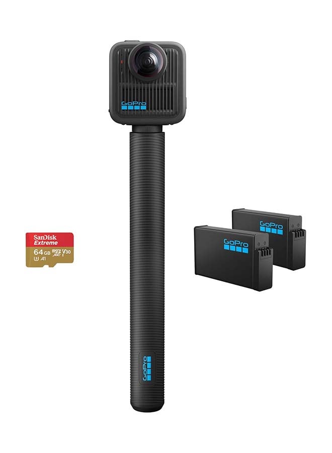 GoPro MAX2 360° Action Camera + Accessory Bundle – 4ft Extension Pole, 2 Enduro Batteries & 64GB SanDisk microSD Card
