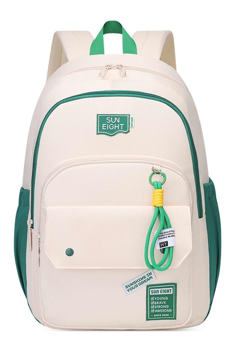 Sun Eight School Backpack SE8485 – 18.5-inch, Water-Resistant Polyester, Flap Front Pocket, Padded Back, Beige Green
