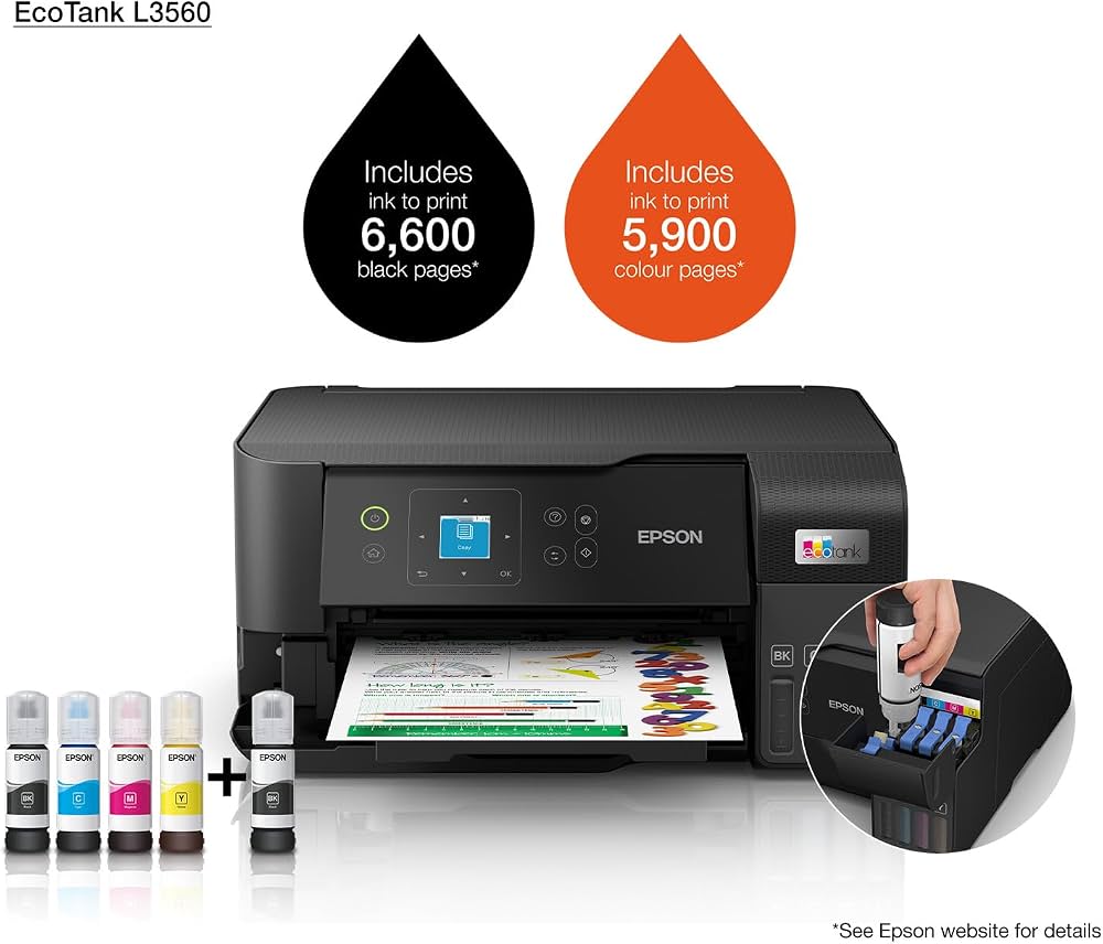 Epson EcoTank L3560 A4 Colour All-in-One Ink Tank Printer | 3-in-1 Print, Scan & Copy | Wi-Fi & Wi-Fi Direct | Photo Printing | Smart App | Black
