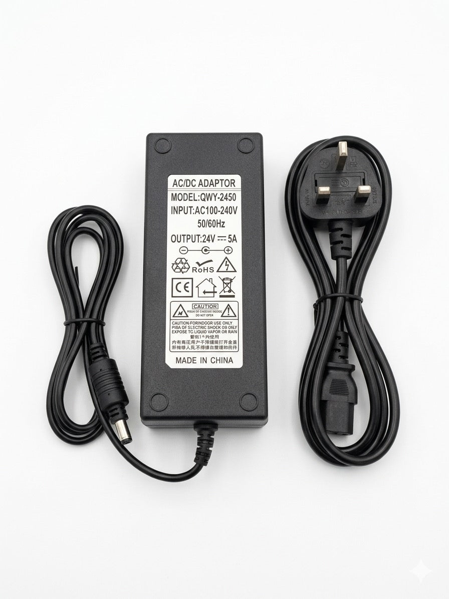 24V 5A 120W AC/DC Switching Power Supply Adapter (Model QWY-2450) with UK 3-Pin Plug – Universal 100V-240V Transformer for 3D Printers, LED Strip Lights, CCTV Cameras & Monitors