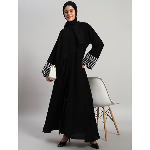 Women’s Embroidered Abaya with Hijab – Long Sleeve Maxi Modest Islamic Dress (Black)