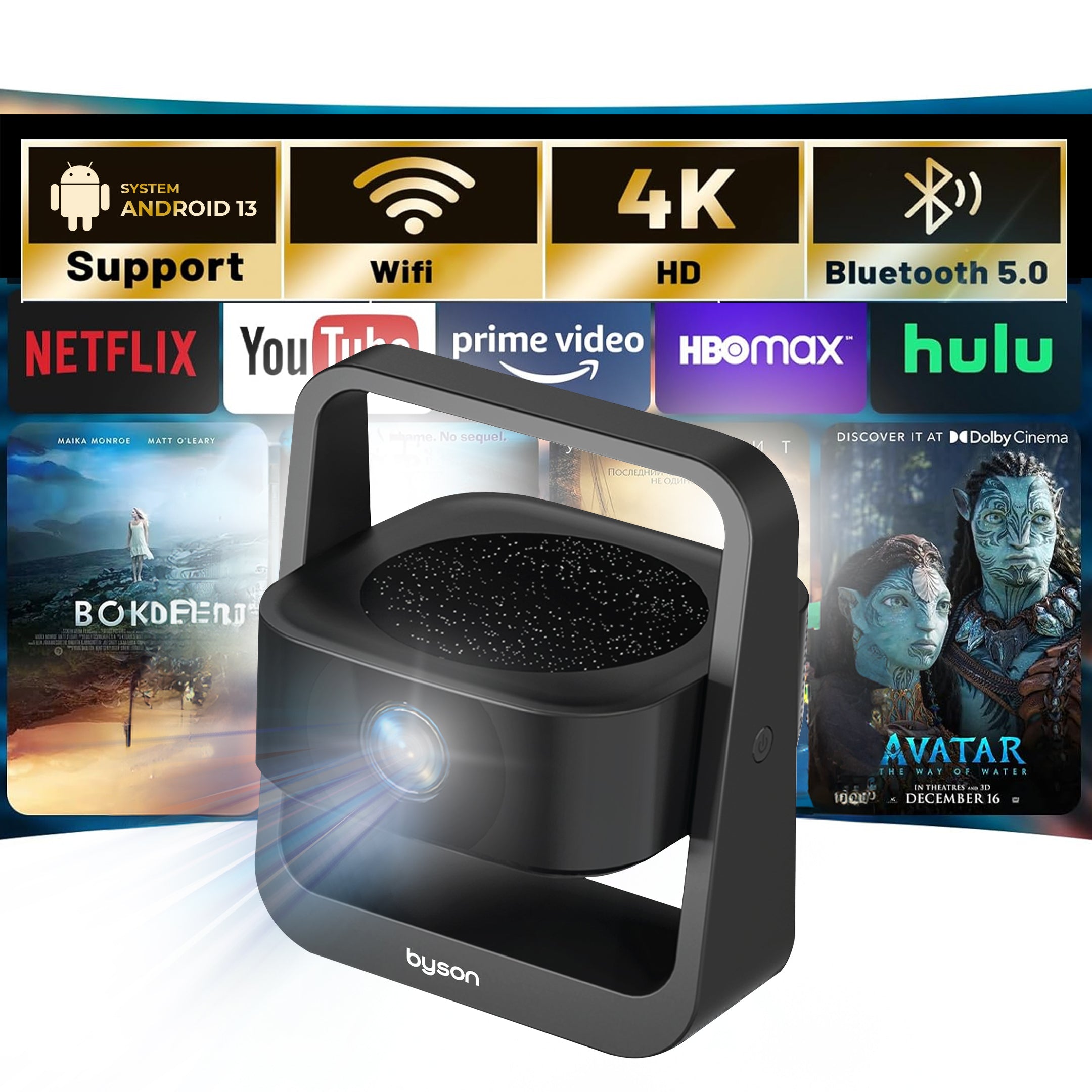 BSON Aurora Smart Home Projector – 4K HDR Mini Projector with 5G WiFi, Android 13, 360° Rotation & 150" Display
