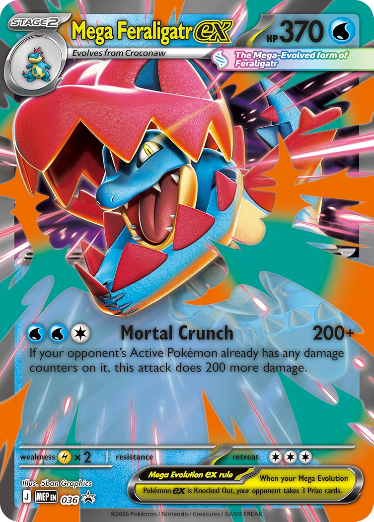 Pokémon TCG: Mega Evolution—Ascended Heroes Mega Feraligatr ex Box, Foil Promo Card, Oversize Lenticular Card & 4 Booster Packs, Official Pokémon Trading Card Game Collection