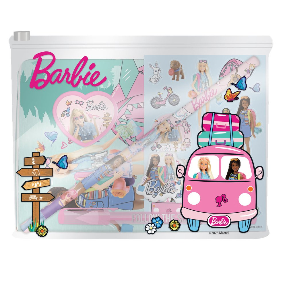 Blueprint Collections Barbie Super Stationery SetThis is the perfect stationery set for any Barbie lover! A5 exercise book, A6 sticker sheets, full length pencil, pink gel pen Die cut eraser and heart shaped sharpener, all packaged in clear PVC wallet The