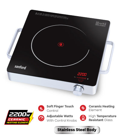 Sanford Single Burner Infrared Cooker, 2200 Watts, SF5196ICKitchen AppliancesSingle Burner Infrared Cooker. High-temperature Resistant Glass 284x295mm. Elegant Design, Fireproof Material. Stainless Steel Body. 4 Digit LED Display. Ceramic Heating Element.