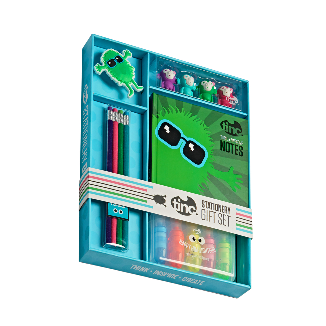 Tinc Hugga Stationery Gift SetGift set includes: Hardback Notebook Velvety Pencil Set Hugga Character Sharpener Happy Highlighters Set Monkey Eraser Set
