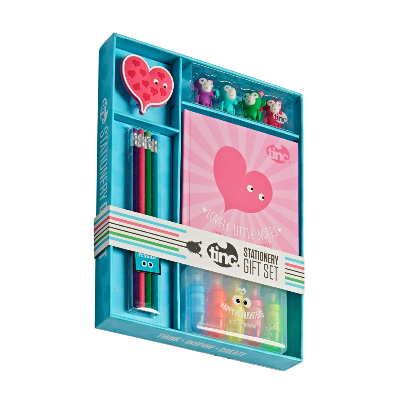 Tinc Mallo Stationery Gift SetGift set includes: Hardback Notebook Velvety Pencil Set Mallo Heart Sharpener Happy Highlighters Set Monkey Eraser Set