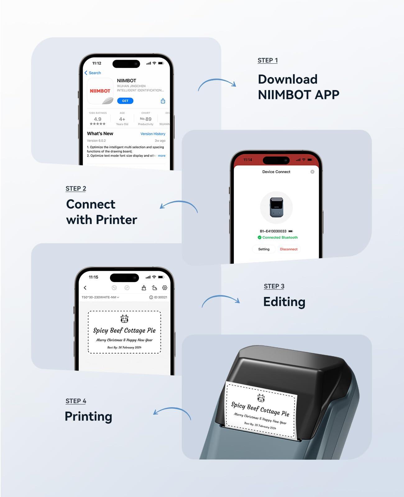 NIIMBOT B1 Inkless Thermal Label Printer, Create Professional Labels with EasePrinters & Accessories🖨️ Inkless Thermal Printing – Say goodbye to messy cartridges with clean, eco-friendly thermal printing. 📱 Wireless & App-Controlled – Connect easily via