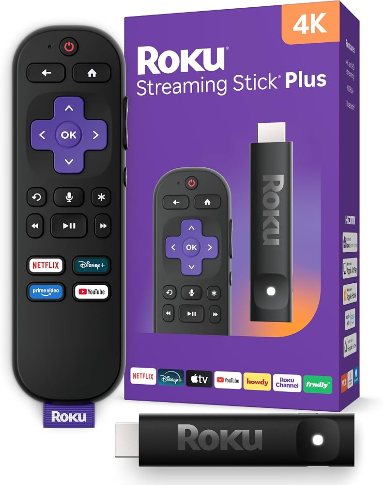 Roku Streaming Stick Plus 4K HDR Streaming Device, Roku Voice Remote with TV Controls, HDR10+, HLG, Dual-Band Wi-Fi, Black