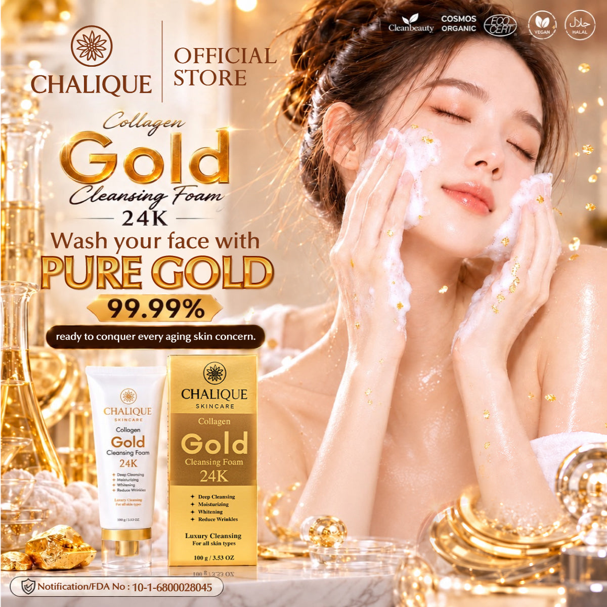 CHALIQUE Collagen Gold 24K Cleansing Foam – Hydrating Facial Cleanser