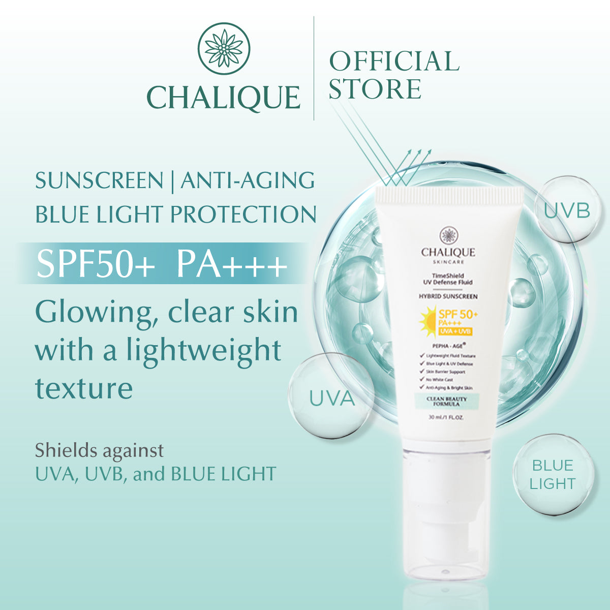 CHALIQUE Timeshield UV Defense Fluid Hybrid Sunscreen SPF – Lightweight UV Protection