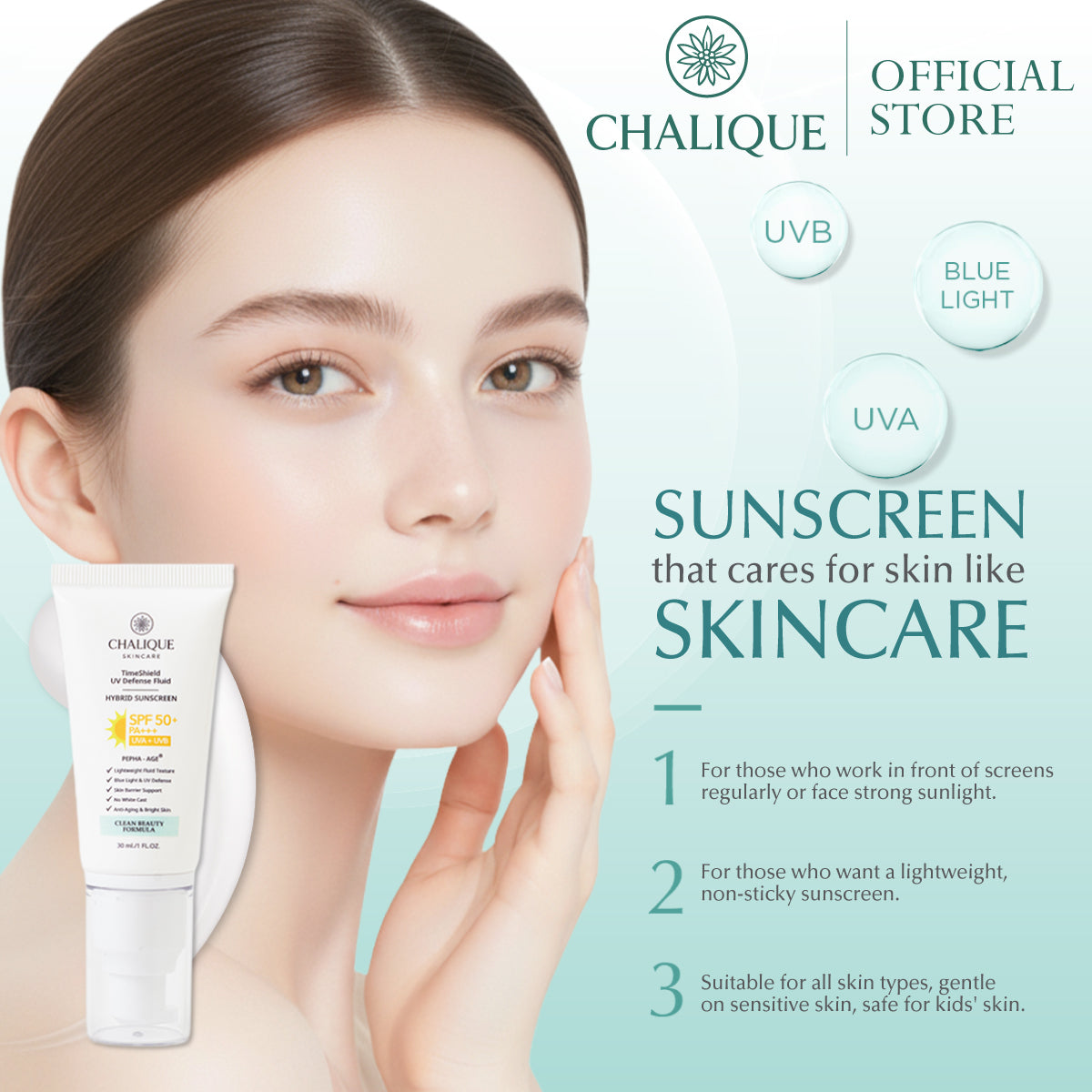 CHALIQUE Timeshield UV Defense Fluid Hybrid Sunscreen SPF – Lightweight UV Protection