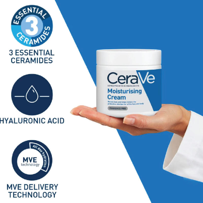 CeraVe Moisturizing Cream For Dry Skin With Hyaluronic AcidPersonal CareCeraVe Moisturizing Cream is a dermatologist-developed formula designed to provide intense hydration for dry to very dry skin. Enriched with Hyaluronic Acid and 3 Essential Ceramides