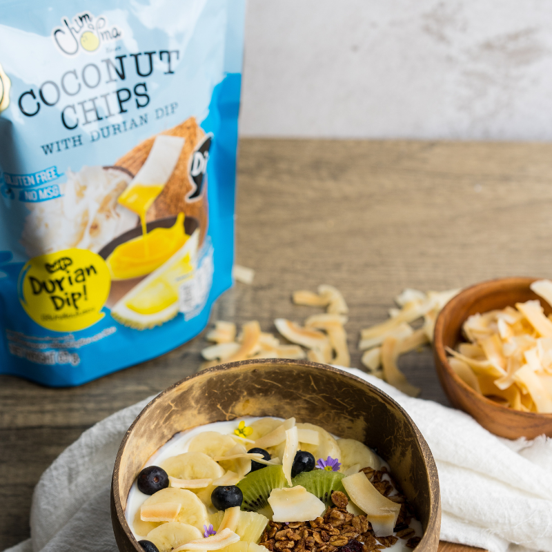 CHIMMA Coconut Chips with Durian Dip 65GSnacksA delightful snack made from crispy coconut chips, paired with a bold and aromatic durian dip. The light crunch of coconut chips contrasts beautifully with the creamy texture and deep flavor of the durian dip,