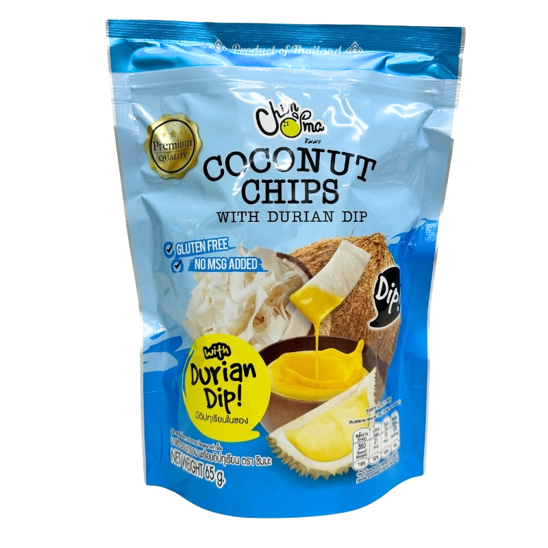 CHIMMA Coconut Chips with Durian Dip 65GSnacksA delightful snack made from crispy coconut chips, paired with a bold and aromatic durian dip. The light crunch of coconut chips contrasts beautifully with the creamy texture and deep flavor of the durian dip,