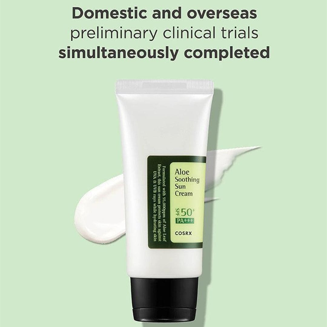 Cosrx Aloe Soothing Sun Cream Spf50+ PA+++ 50mlPersonal CareCOSRX Aloe Soothing Sun Cream SPF50+ PA+++ (50ml) is a daily sunscreen that combines high-level sun protection with skin-soothing benefits. Infused with 5,500ppm of Aloe Arborescens Leaf Extract,