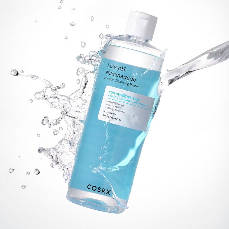 Cosrx Low pH Niacinamide Micellar Cleansing Water 400ml ClearPersonal CareLow pH Formula: pH-balanced to match your skin’s natural barrier, reducing irritation and dryness. Infused with Niacinamide: Helps brighten skin tone, control excess oil, and minimi