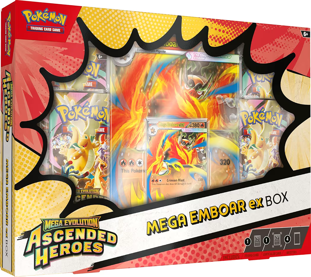 Pokémon TCG: Mega Evolution—Ascended Heroes Mega Emboar ex Box, Foil Promo Card, Oversize Lenticular Card & 4 Booster Packs, Official Pokémon Trading Card Game Set