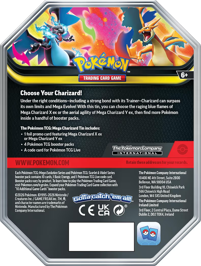 Pokémon TCG: Mega Charizard X Tin, Official Pokémon Trading Card Game Collector Tin with Foil Promo Card & Booster Packs